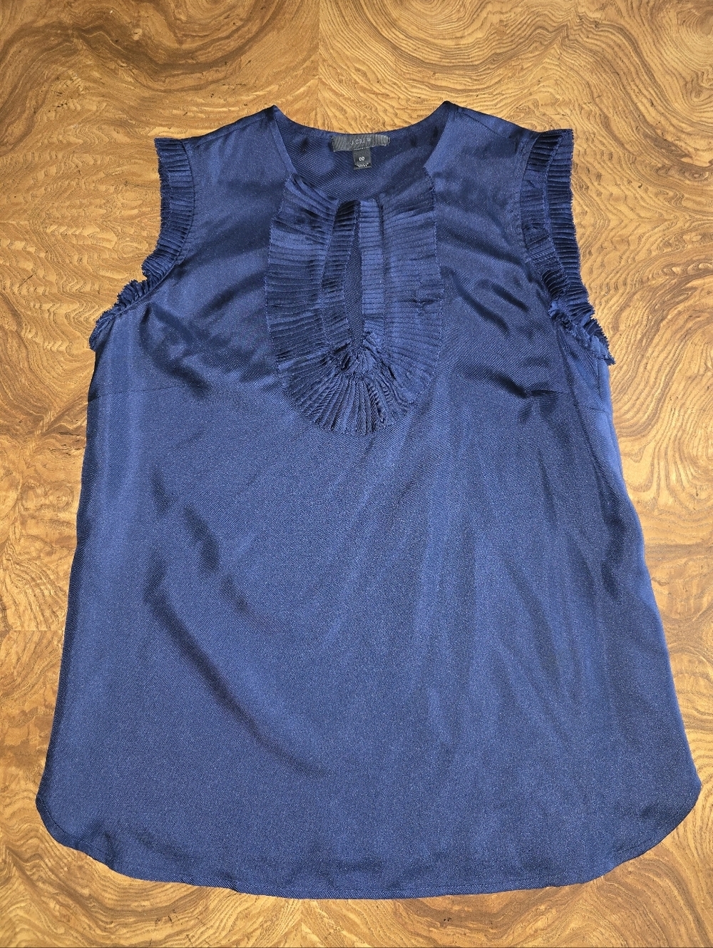 J.Crew 100% Silk Navy Blue Pleated Ruffle Sleeveless Blouse Womens Size 00